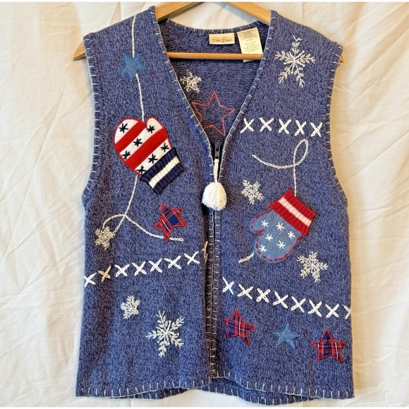 Vintage Bobbie Brooks Holiday Christmas Sweater Vest Women Small Blue Zip Mitten - Picture 3 of 16